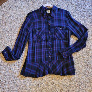CAbi 3431 Check Shirt Plaid Peplum Long Sleeve Blue Black Size Medium